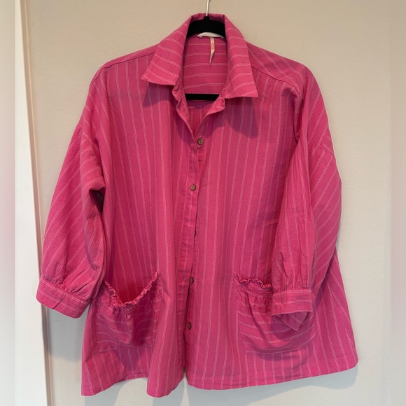 Free People Tops - Free People Pink and White Striped Linen Shirt XS (oversized)💕💕💕💕💕💕💕💕💕